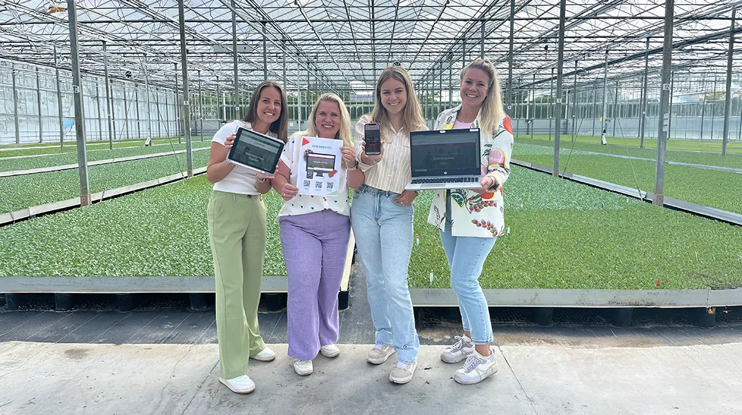 Marketing team in de kas met schermen van de nieuwe websites.